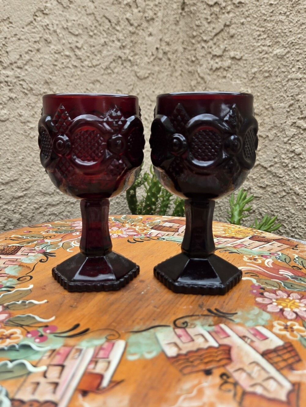 Vintage Set of 2 Avon 1876 Cape Cod Ruby Red Glass Wine Goblets 4.5" Tall